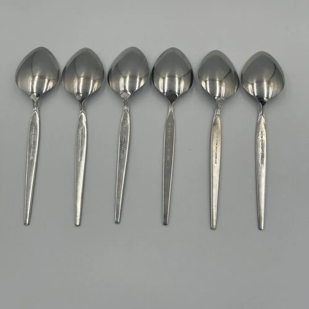 6 Oneida Community SATINIQUE Older Style Stainless Oval SOUP SPOONS Vtg Flatware